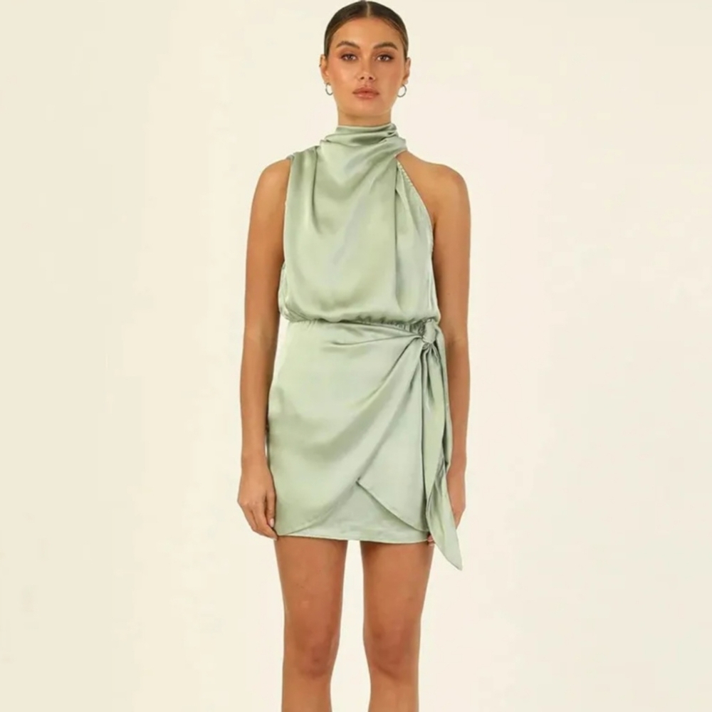 CnMMENSE Mock Neck Sage Green Draped Fully Lined Mini Dress Size M NWT